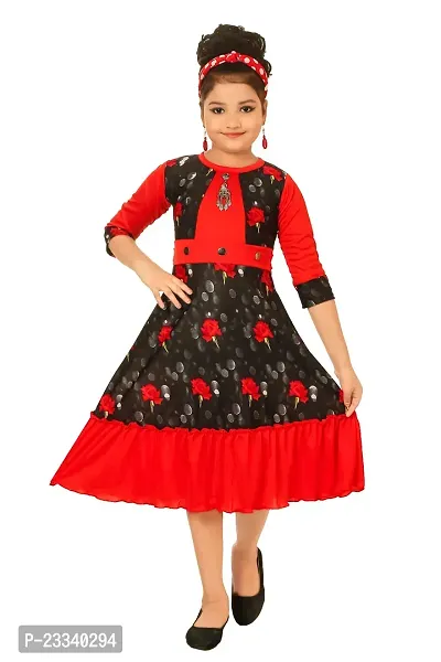 Stylish Red Cotton Blend Printed Fit And Flare Dress For Girl-thumb0