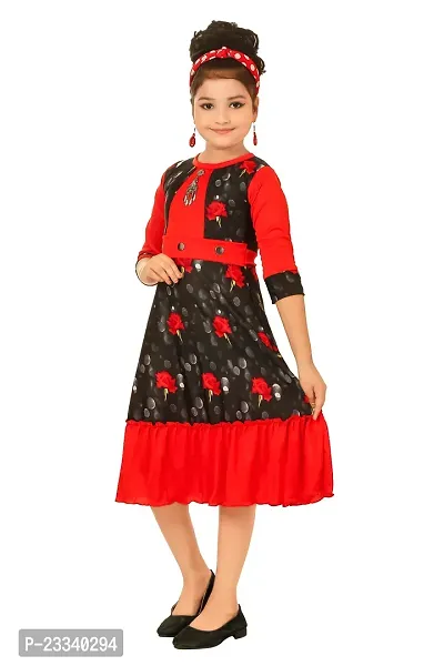 Stylish Red Cotton Blend Printed Fit And Flare Dress For Girl-thumb2