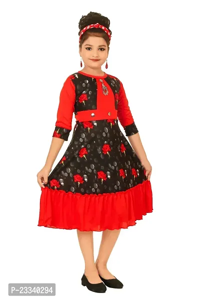 Stylish Red Cotton Blend Printed Fit And Flare Dress For Girl-thumb4