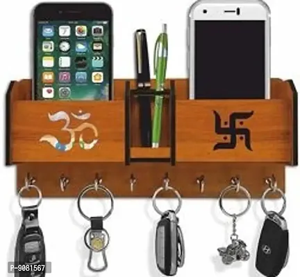 Om Swastik 2 Pocket penstand Wood Key Holder (8 Hooks)