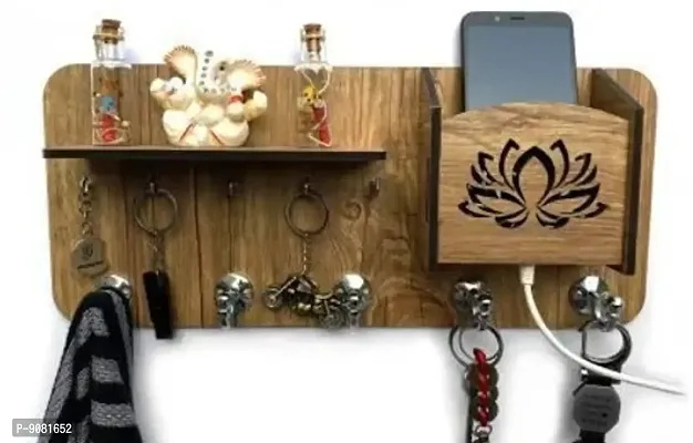 Single Flower 1 Pocket Mobile stand Wood Key Holder (9 Hooks)