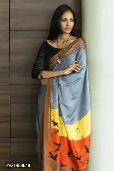 Stylish Chanderi Silk Grey Printed Saree with Blouse piece-thumb0