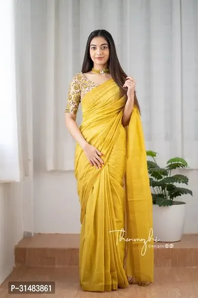 Stylish Chanderi Silk Yellow Printed Saree with Blouse piece-thumb0