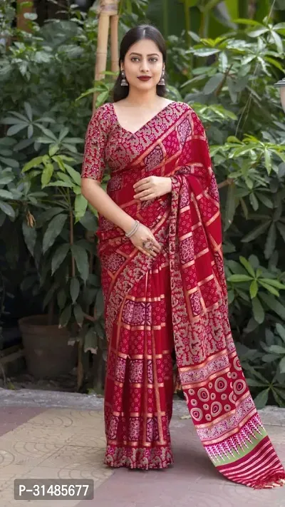 Stylish Chanderi Silk Red Printed Saree with Blouse piece-thumb0