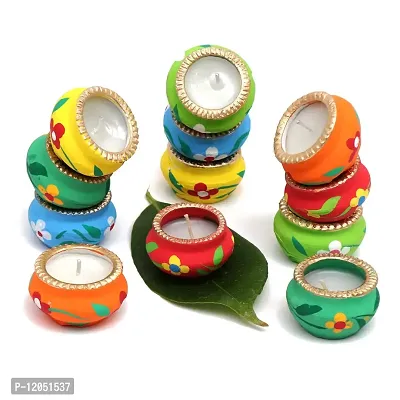 HANEELA-(Indian) Colourful Designer earthware Vax Matki Diye|Traditional Decorative Deepak Pooja Deepak for Festivals|Terracotta vax Diye (Set of -10)-thumb3