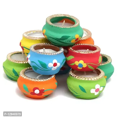 HANEELA-(Indian) ??????? Colourful Designer Earthware Mitti Matki Diye|Decorative Deepak Pooja Deepak for Festivals|Terracotta vax Diye (Set of -15)-thumb2