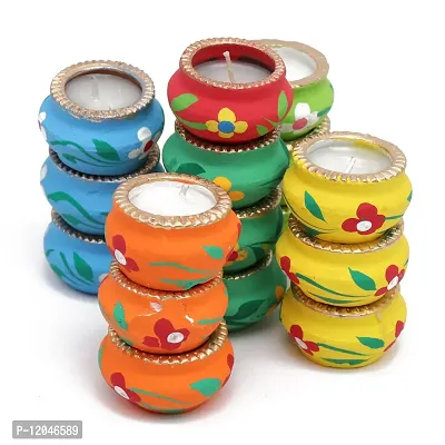 HANEELA-(Indian) ??????? Colourful Designer Earthenware Mitti Matki Diye|Decorative Deepak Pooja Deepak for Festivals|Terracotta vax Diye (Set of -15)-thumb3