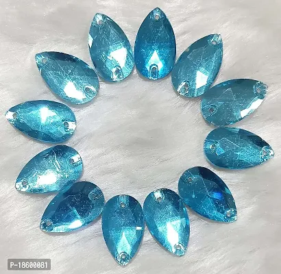 Beads  Crafts: Drop Shape Glass Crystal Stones Having Flat Base with Two Holes for Sewing (13mm x 22mm) for Embroidery, Jewellery Making, Decorations, DIY Art and Craft (Aqua Blue, 25 Pcs)-thumb0