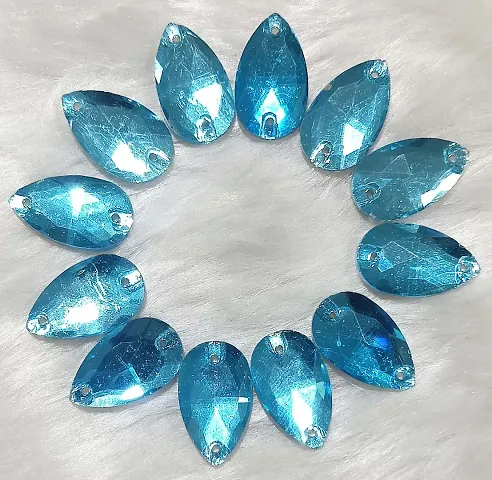 Beads Crafts: Drop Shape Glass Crystal Stones Having Flat Base with Two Holes for Sewing (13mm x 22mm) for Embroidery, Jewellery Making, Decorations, DIY Art and Craft (Aqua Blue, 25 Pcs)