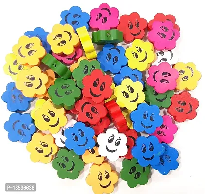 Beads  Crafts: Flower Shape Wooden Smiley Beads for Scrap Booking, Art and Craft, Decorations, DIY (Multicolor, 2 cm) - (Pack of 50 GMS/Approx 50 Pcs)-thumb0