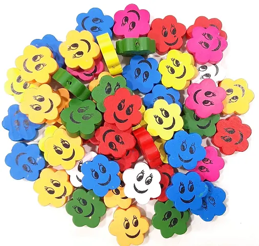 Beads & Crafts: Flower Shape Wooden Smiley Beads for Scrap Booking, Art and Craft, Decorations, DIY (Multicolor, 2 cm) - (Pack of 50 GMS/Approx 50 Pcs)