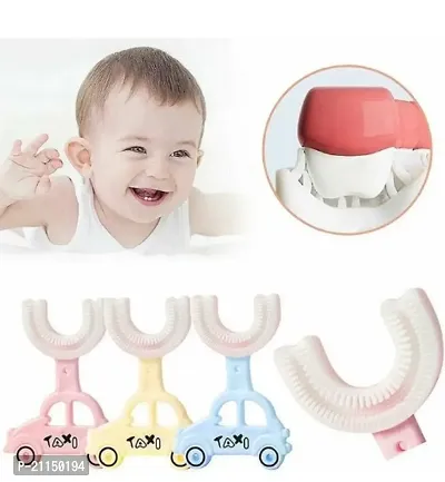 Smart Car/Taxi Style U-Shape Baby Toothbrush (PACK OF 1)Children Toothbrush With Handle Silicone Oral Care Cleaning Brush For Kids (Assorted colour)-thumb5