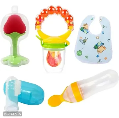Combo (Assorted Color  Design) Baby Fruit Feeder Pacifier (1 Pcs)  1 PCS Silicone Baby Food Dispensing Spoon 90ML and 1 pcs Fruit Teether 1pcs Finger Brush 1 pcs Baby bib [Blue] (Rattle 5 Pcs Combo)