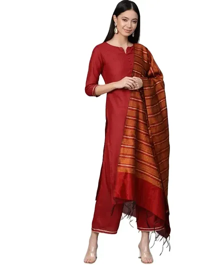 Rajvi Creation Store Women's Rayon Straight Kurta Palazzo Pant with Dupatta Set Button2