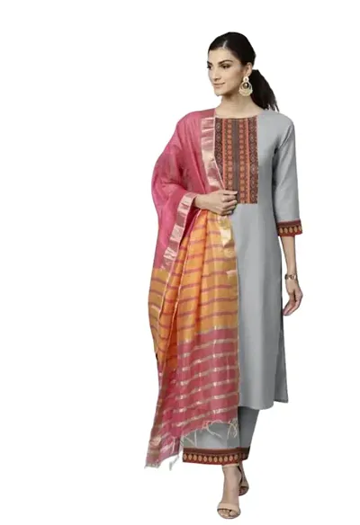 Stylish Women Rayon Kurta, Bottom and Dupatta Set