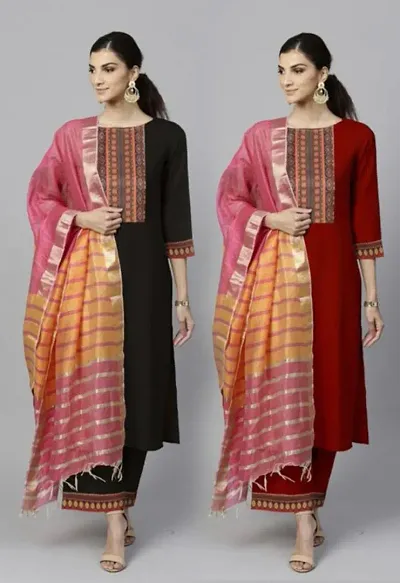 Combo Of 2- Cotton Kurta, Bottom And Dupatta Set