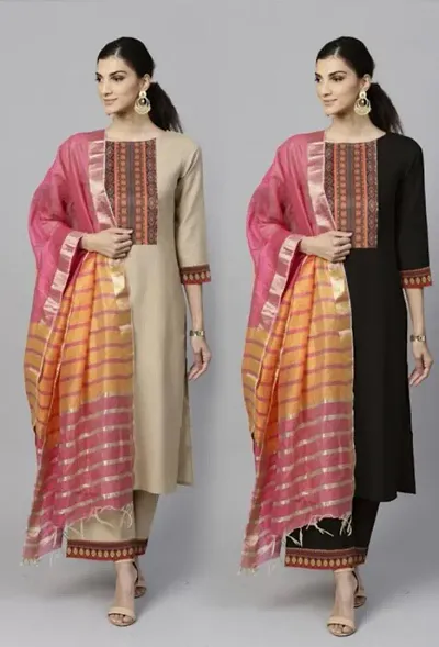 Combo Of 2- Cotton Kurta, Bottom And Dupatta Set