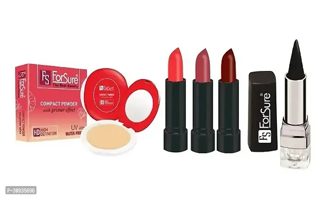 ForSure Compact Powder with Primer Effect, Kajal and Pack of 3 Forfor Matte Lipstick (Colour - Orange, Copper, Maroon)-thumb0