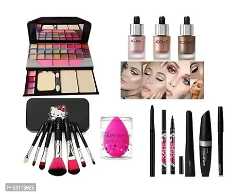 ,Black hello kitty makeup brush set,1 Sponge,Eyeliner,Mascara combo (Set of 11)