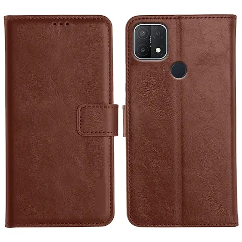 Cloudza Oppo A15 Flip Back Cover | PU Leather Flip Cover Wallet Case with TPU Silicone Case Back Cover for Oppo A15 Brown