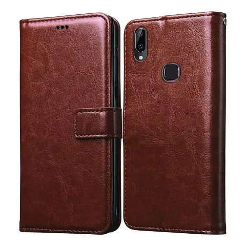 Cloudza Vivo Y83 Pro Flip Back Cover | PU Leather Flip Cover Wallet Case with TPU Silicone Case Back Cover for Vivo Y83 Pro Brown