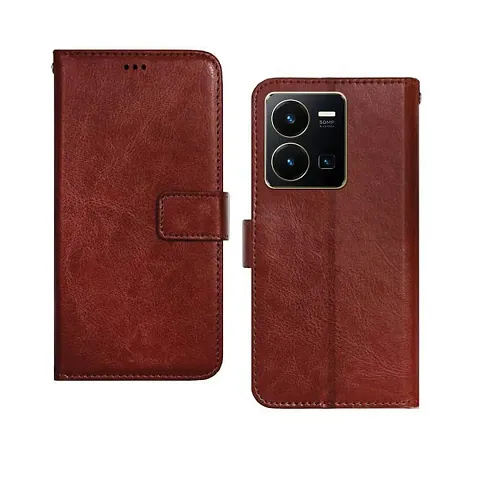 Cloudza Vivo Y35 Flip Back Cover | PU Leather Flip Cover Wallet Case with TPU Silicone Case Back Cover for Vivo Y35 Brown