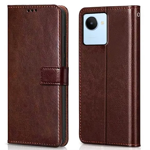 Cloudza Realme C30 Flip Back Cover | PU Leather Flip Cover Wallet Case with TPU Silicone Case Back Cover for Realme C30 Brown
