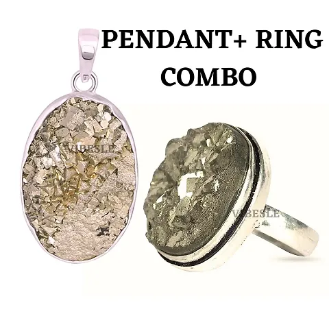 Combo of Pyrite Pendant and Pyrite Geode Adjustable Ring for Wealth Finance Healing/Vastu/Gifts, Money, Wealth, Prosperity Attracts Business Luck, AAA Quality Gemstone Druzy Ring Harness the Benefits