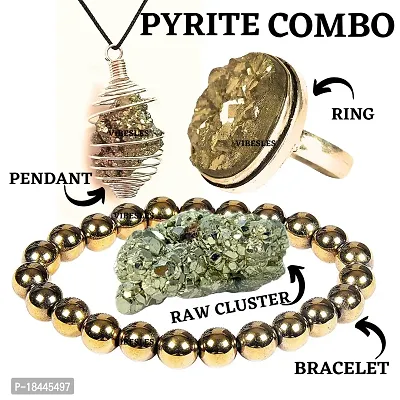 Combo Set of Pyrite Adjustable Ring, Wire Wrap Pyrite Pendant, Golden Pyrite Bracelet, and Natural 30-50 Gram Pyrite Raw Rough Cluster Peru Pyrite for Wealth Finance Healing/Vastu/Gifts, Attracts Busi