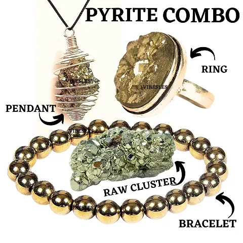 Combo Set of Pyrite Adjustable Ring, Wire Wrap Pyrite Pendant, Pyrite Bracelet, and 30-50 Gram Pyrite Raw Rough Cluster Peru Pyrite for Wealth Finance Healing/Vastu/Gifts, Attracts Busi