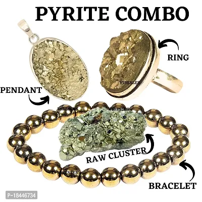 Combo of Original Pyrite Pendant, Adjustable Pyrite Ring, Golden Pyrite Bracelet, and Natural 30-50 Gram Pyrite Raw Rough Cluster Peru Pyrite for Healing/Vastu/Gifts/Wealth, Attracts Business Luck Nat