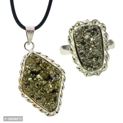 DVISHA Combo of Pyrite Pendant and Adjustable Size Ring - Certified - Original Pyrite Cluster Rock Reiki Crystal Locket for Increased Will power  Attract Money - Manifestation Gemstone jewellery Set-thumb0