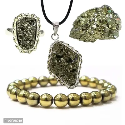 Combo of Pyrite Adjustable Ring, Pendant, Bracelet and 30-50 Gram Pyrite Raw Rough Cluster Peru Pyrite for Attracts Business Luck - Money Magnate, Healing/Vastu/Gifts/Wealth, Natural Pyrite for Men -thumb0