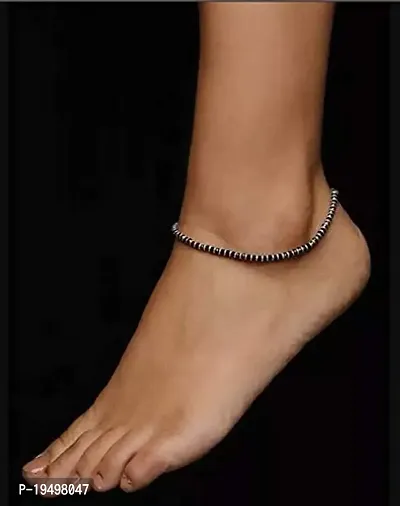 Black Silver 925 Silver Nazariya Anklet/Payal with Black  Silver Crystal Beads for Girls and Women-thumb2