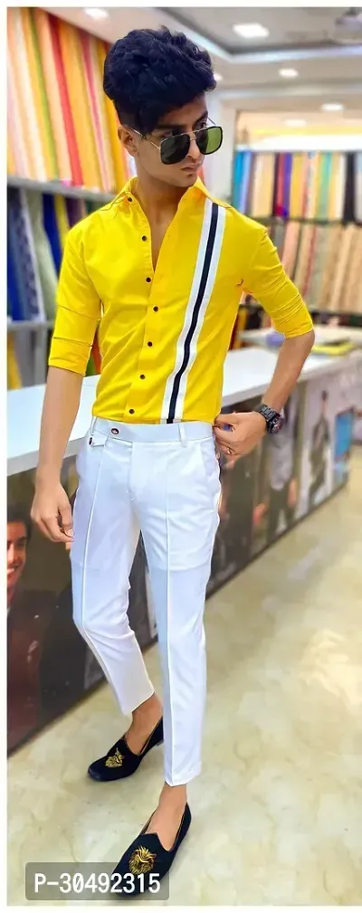 Stylish Yellow Striped Polycotton Shirt And Trouser Set Fabric For Men-thumb0