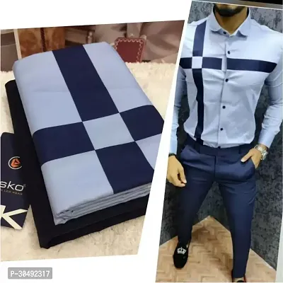 Stylish Grey Checked Polycotton Shirt And Trouser Set Fabric For Men-thumb0