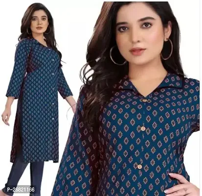 Stylish Blue Rayon Straight Printed Stitched Kurti For Women-thumb0