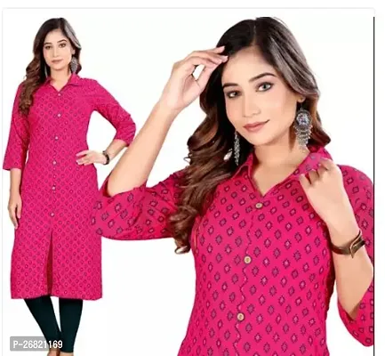 Stylish Pink Rayon Straight Printed Stitched Kurti For Women