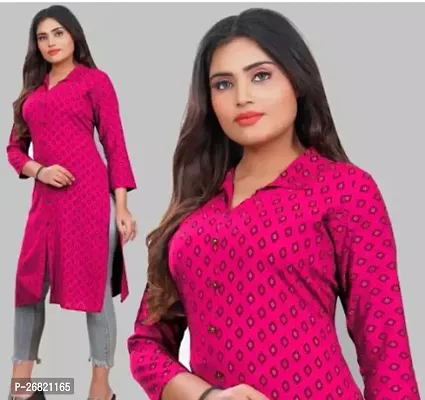 Stylish Pink Rayon Straight Printed Stitched Kurti For Women