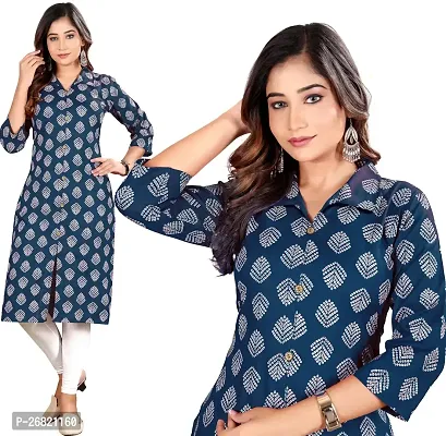 Stylish Blue Rayon Straight Printed Stitched Kurti For Women-thumb0