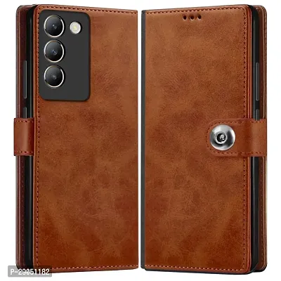BINTAGE Genuine Leather Finish Flip Cover for Vivo V2334 / Vivo T3 - 5G | Inside Back TPU Wallet Button Magnetic Closure for Vivo T3 5G- Brown-thumb0
