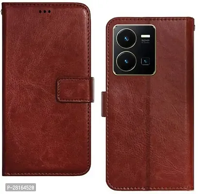 BINTAGE Magnetic Case Artificial Leather Flip Cover for Vivo Y35 - Brown-thumb0