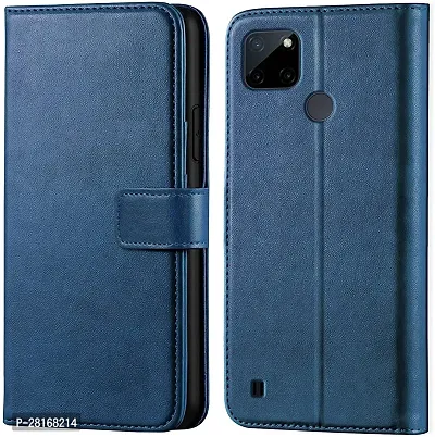 BINTAGE Magnetic Case Artificial Leather Flip Cover for Realme C21 - Navy Blue-thumb0