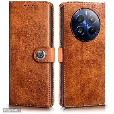 BINTAGE Genuine Leather Finish Flip Cover for Realme 12 Plus 5G| Inside Back TPU Wallet Button Magnetic Closure for Realme 12+ 5G - Brown-thumb0
