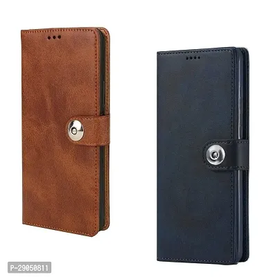 BINTAGE Itel A665L / Itel_A70 Combo 2 Flip Cover imported TPU Wallet Button Magnetic Book Leather Combo 2 Flip Cover for itel A70 - Blue / Brown-thumb2