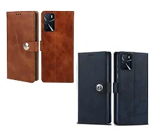 BINTAGE Combo 2 Flip Cover for OPPO CPH2269 / A16 | Wallet Stylish Button Magnetic - Brown / Blue-thumb1