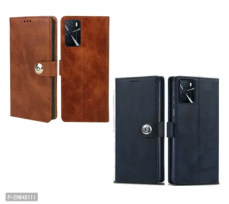 BINTAGE Combo 2 Flip Cover for OPPO CPH2269 / A16 | Wallet Stylish Button Magnetic - Brown / Blue-thumb2