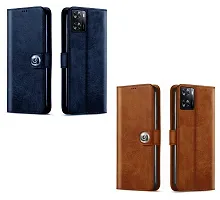 BINTAGE Combo 2 Flip Cover for OPPO CPH2473 / OPPO A77s | Wallet Stylish Button Magnetic for OPPO A77s - Brown / Blue-thumb1