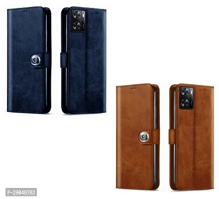 BINTAGE Combo 2 Flip Cover for OPPO CPH2473 / OPPO A77s | Wallet Stylish Button Magnetic for OPPO A77s - Brown / Blue-thumb2