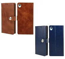 BINTAGE Combo 2 Flip Cover for Vivo 1820 / Y91i | Wallet Stylish Button Magnetic - Brown / Blue-thumb1